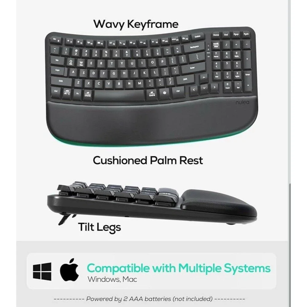 Nulea RT08 Wave Keys Wireless Ergonomic Keyboard with Cushioned Palm Rest,